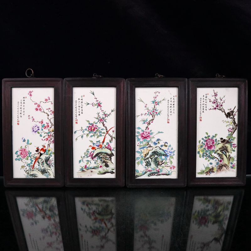 Ceramic painting hand-painted vintage mounting Jingdezhen porcelain plate painting solid wood four-strip screen porcelain plate painting pastel flower and bird figure set