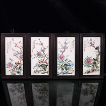 tao ci hua hand-painted vintage framed Jingdezhen porcelain painting Wood si tiao ping Vitrolite painting pastel bird map a set