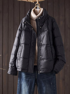 Winter 2025 new style simple striped stand collar down jacket women's straight loose warm bread coat women's jacket