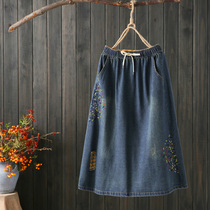 Autumn series Original art Fan embroidery medium length Jeans Half body dress tightness waist 100 lap high waist loose A word skirt