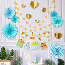 ins baby birthday party blue paper fan ring boy birthday arrangement childrens background wall decoration package