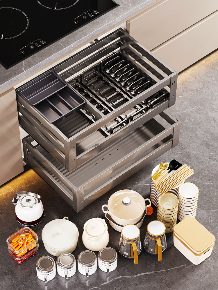 Murini Basket Kitchen Cabinet 304 Stainless Steel Double-Layer Drawer-Type Bowl Rack Storage Plate Dish Kitchen Cabinet Bowl Basket