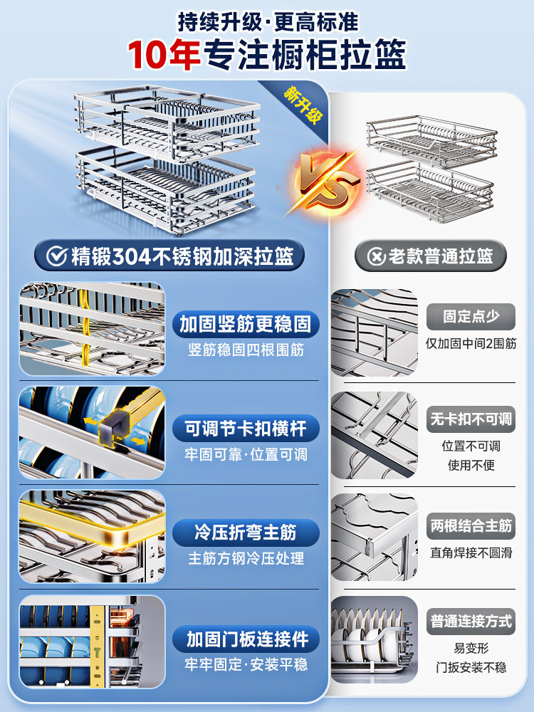 Dimitrina Basket Kitchen Cabinet 304 Stainless Steel Double-Layer Drawer-Type Dish Rack Bowl Basket Cupboard Kitchen Cabinet Bowl Basket