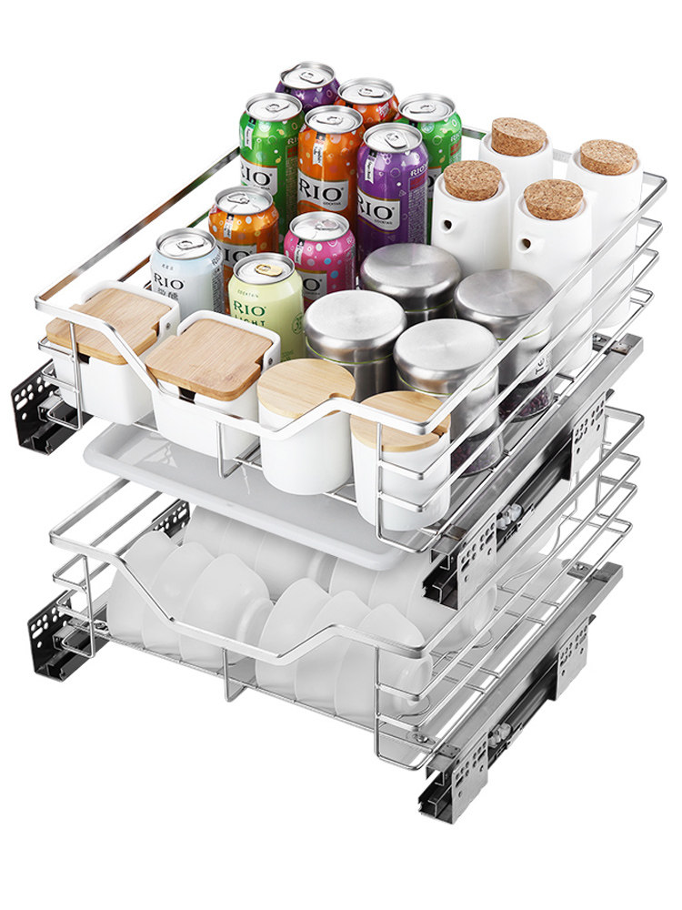 Pull-Out Kitchen Cabinet 304 Stainless Steel Double-Layer Drawer-Type Dish Rack Ultra-Narrow Cabinet Seasoning Basket Mini Small Size