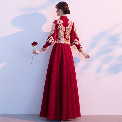 Вечернее платье, ципао, бордовый традиционный свадебный наряд Сюхэ, юбка, китайский стиль, коллекция 2023, премиум класс