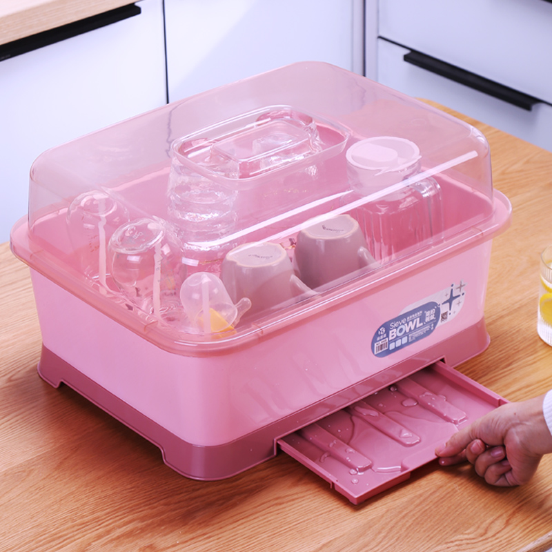 Put glass cup tea cup storage box dust-proof tableware drain rack with lid box household water cup shelf tray