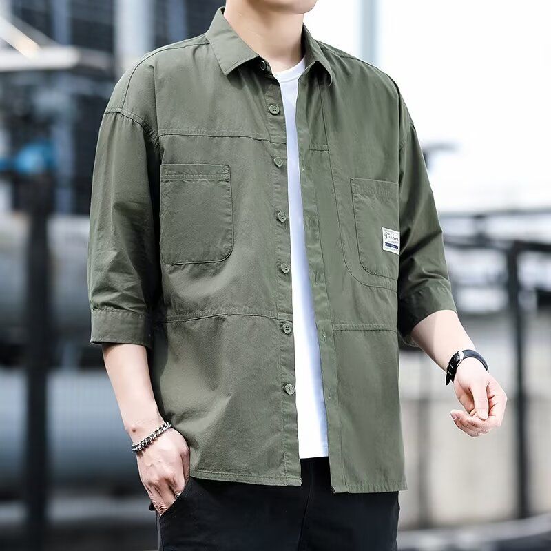 American Retro Three-Quarter Sleeve Men's Pure Cotton Work Shirt, Men's Short-Sleeve High-End Shirt, Summer Loose Mid-Sleeve Shirt