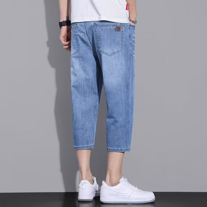 Men's Summer Thin Denim Shorts, Loose Straight-Leg 7/8 Length Over-The-Knee Breeches, Casual Mid-Length Pants for Outdoor Wear Men's Summer Thin Denim Shorts, Loose Straight-Leg 7/8 Length Over-The-Knee Breeches, Casual Mid-Length Pants for Outdoor Wear