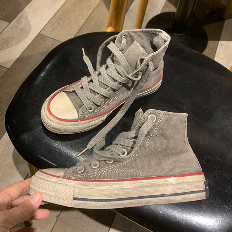 Retro Distressed High-Top Canvas Shoes for Women, Spring and Summer New Thin Breathable Smoky Gray Dirty Shoes, Versatile and Fashionable Sneakers