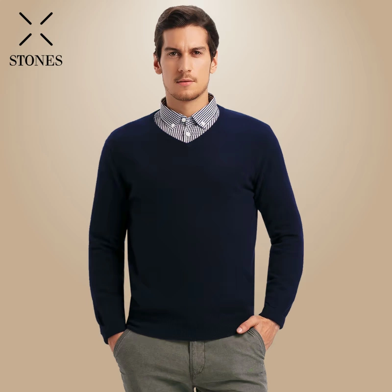 STONES cao nguyên mùa đông chất lượng cao cashmere nhẹ và thoải mái đơn giản áo len cổ chữ V cổ điển 406143 - Áo len Cashmere áo khoác jean nam