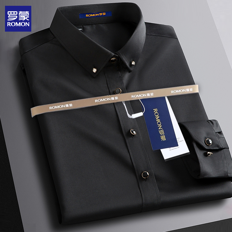 Romon Autumn Non-Iron Stretch Button-Down Shirt for Men, Business Ice Silk Black Fashion Casual Long-Sleeve Shirt for Middle-Aged Men