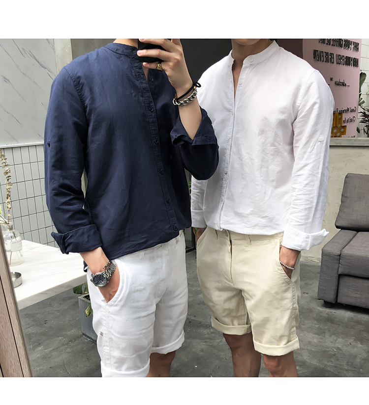 Title 17, Erkek Retro Dik Yakalı Keten Gömlek. Rahat ve ş...