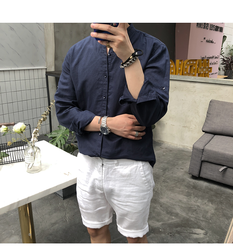 Title 22, Erkek Retro Dik Yakalı Keten Gömlek. Rahat ve ş...