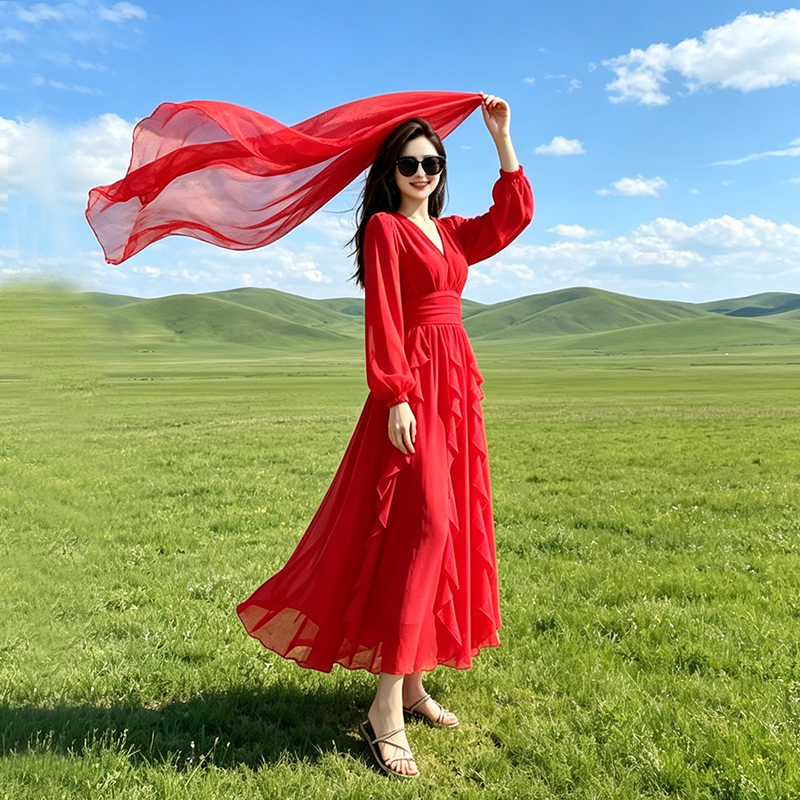 Red Dress for Women, Suitable for Photoshoots in Grasslands, Desert Dresses, Red Dress for Chaka Salt Lake, Red Dress for Saikailu Lake, Xinjiang Travel Outfit