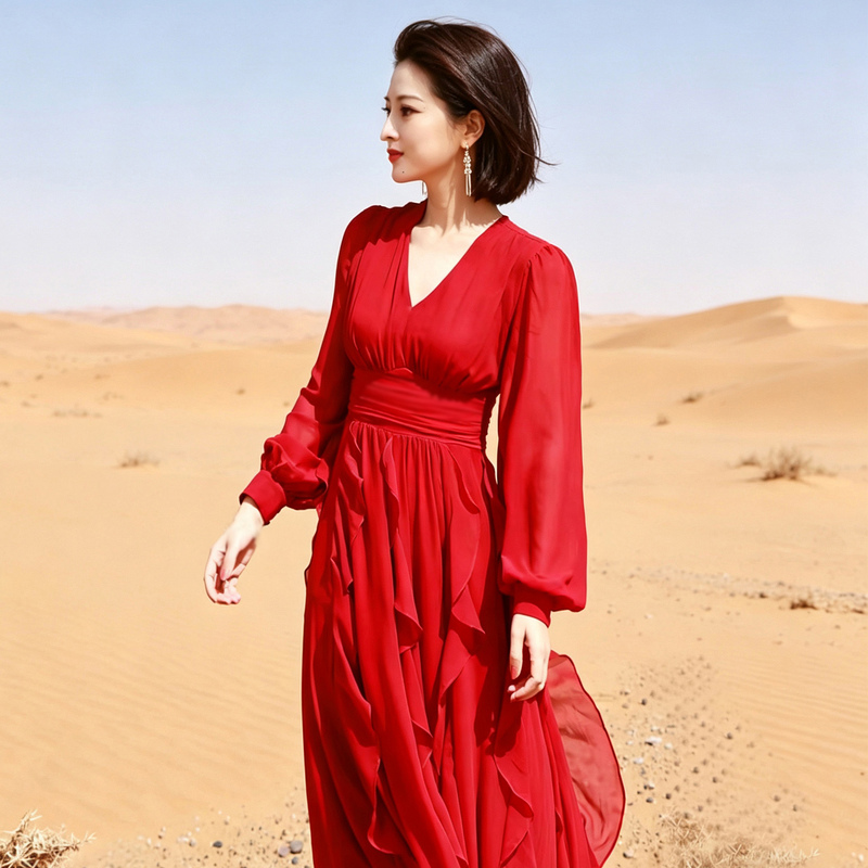 Zhu Zhu's Same Style Desert Red Dress for Women, Light Luxury and High-End Feel, Suitable for Photoshoots at the Seaside, Hufang Forest, and Chaka Salt Lake Zhu Zhu's Same Style Desert Red Dress for Women, Light Luxury and High-End Feel, Suitable for Photoshoots at the Seaside, Hufang Forest, and Chaka Salt Lake