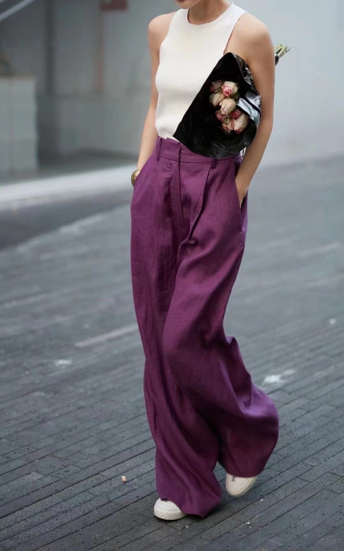 European Style 25 Summer European Fashion High-Waisted Slimming Casual Versatile Pleated Pure Linen Wide-Leg Purple Suit Pants