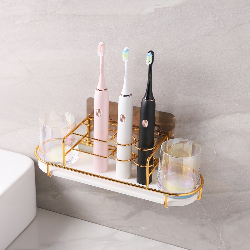 Electric toothbrush holder wash mouthwash cup suit plated gold bathroom table face suction wall-mounted free-to-punch dual-use silicon algae mud