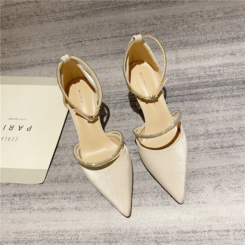 High heels women's stiletto heels 2022 new wild French net red rhinestone pointed toe sandals summer hollow single shoes