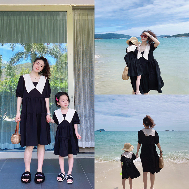 2022 Summer Parenting Mother-daughter Dress Korean Version Trend Easy style doll collar Holiday cake Long dress Ocean dress