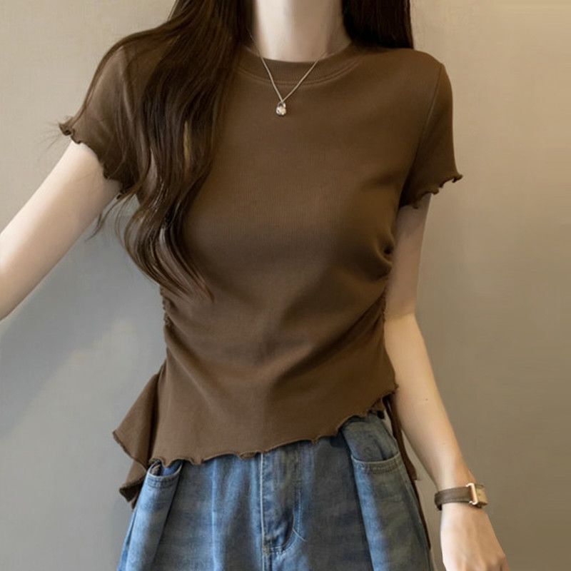 Summer New Design Irregular Ruffle Strap Short-Sleeve T-Shirt with Waist-Cinching, Regular Shoulder, Slimming Short Top Trendy