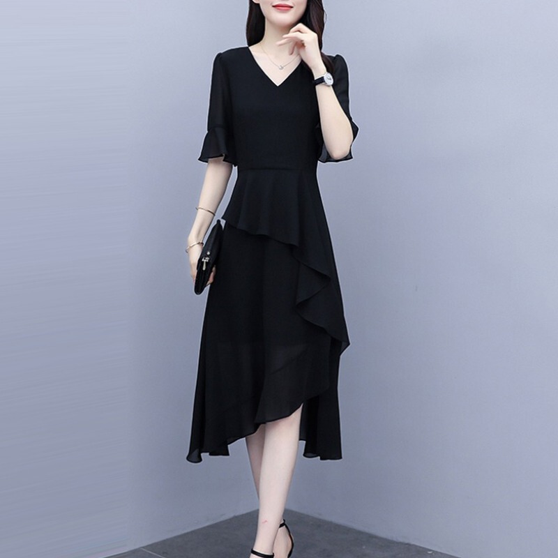 Irregular Chiffon Dress with Short Sleeves, High-End Fashion, Waist-Cinching, Slimming, Elegant, Stylish Mid-Length Dress for Women, Summer Wear