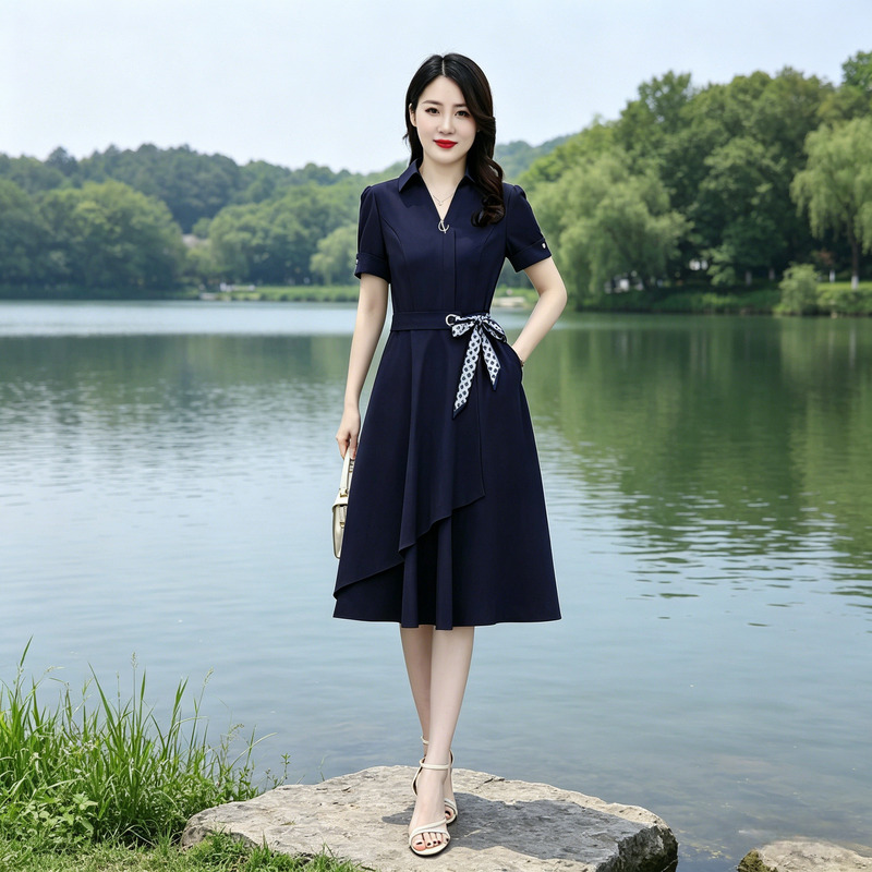 High-End Irregular Hem Plus-Size Elegant Short-Sleeved Dress with Tie Waist, Slimming and Tummy-Covering Dress for Women, Summer Wear