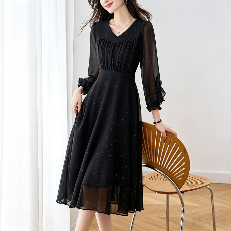 Light Luxury Sparkling Nine-Quarter Sleeve Dress, Fashionable and Elegant, Elastic Waist, Slimming Mid-Length Dress for Women, Spring and Autumn Wear