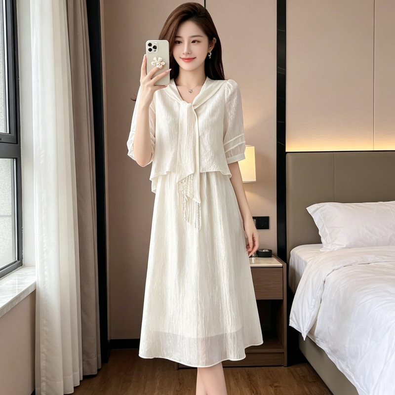 Elegant Lady Short-Sleeved Dress, Fake Two-Piece Set, Slim Fit, Plus Size Women's Clothing, Mid-Length Dress for Chubby Girls, Summer Dress Elegant Lady Short-Sleeved Dress, Fake Two-Piece Set, Slim Fit, Plus Size Women's Clothing, Mid-Length Dress for Chubby Girls, Summer Dress