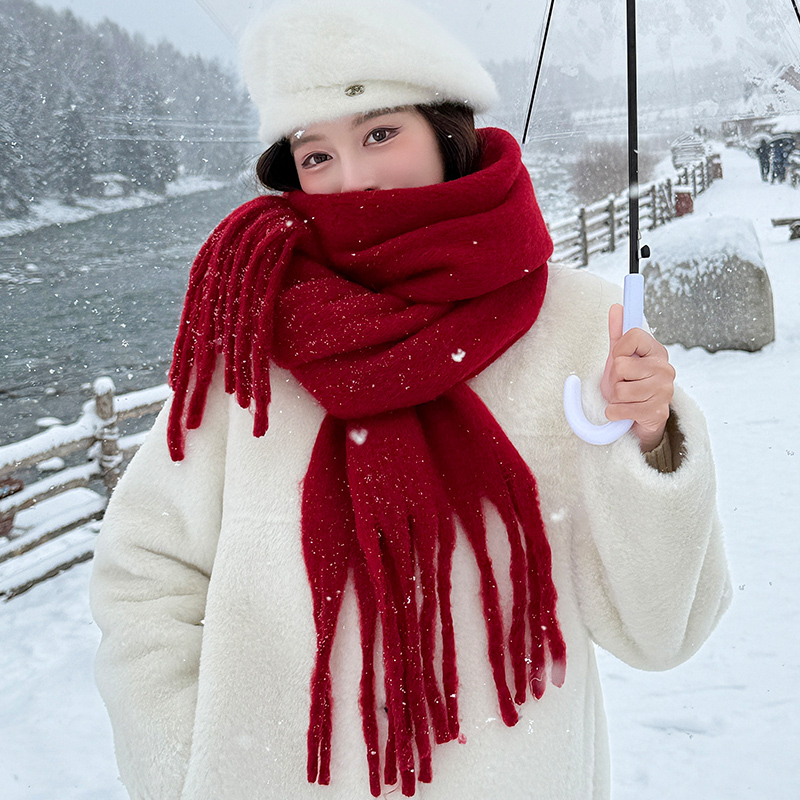 Burgundy Solid Color Scarf for Women, Autumn and Winter Korean Style, Mohair Thickened, High-End Feel, New Year Neck Warmer