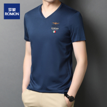 Romon brand middle-aged mens short-sleeved t-shirt 2022 new V-neck business solid color mens half-sleeve embroidery top clothes