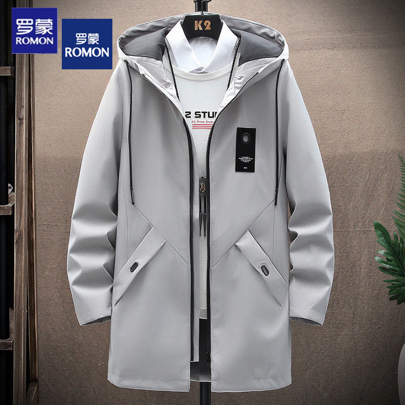Romon casual trench coat men's spring and autumn mid-length Korean style trendy hooded all-match handsome simple coat
