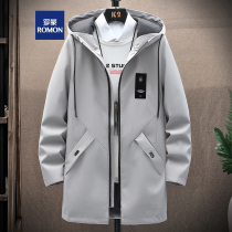 Romon casual trench coat mens spring and autumn mid-length Korean style trendy hooded all-match handsome simple coat