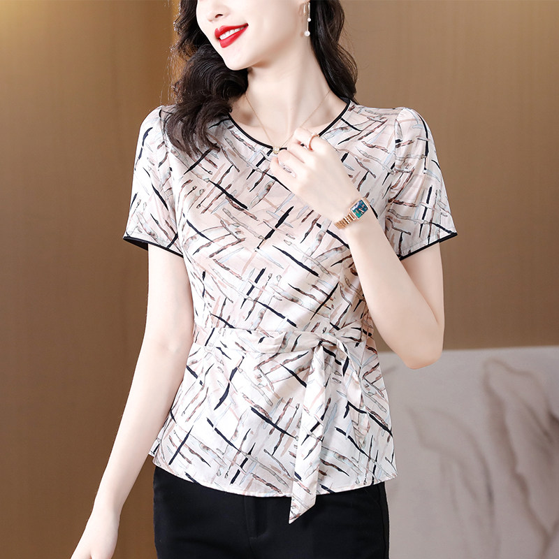 声雨竹重磅真丝t恤女上衣2026夏新款妈妈系带缎面丝绸桑蚕丝小衫