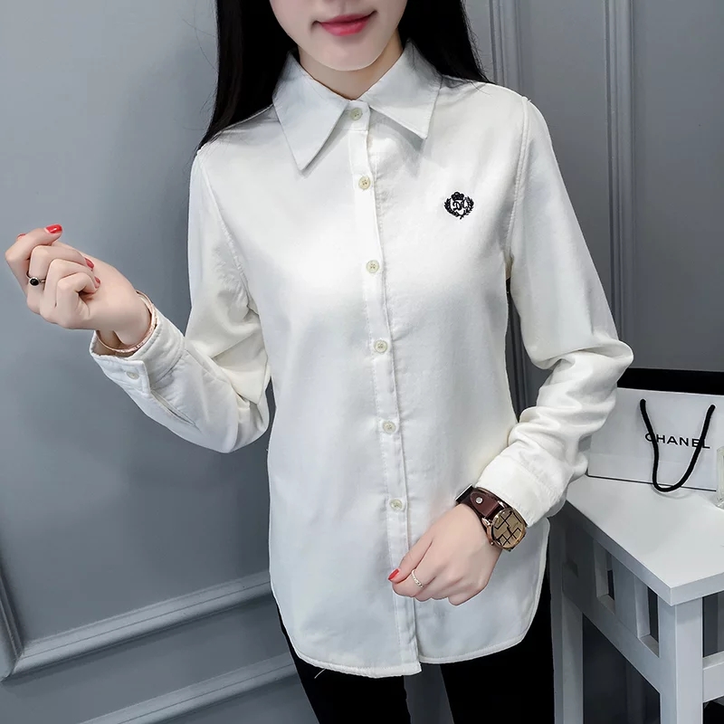 Han Qi mùa thu đông mới Han Fan cộng với áo nhung dày áo sơ mi nữ sinh ấm áp áo sơ mi nữ dài tay áo sơ mi nữ