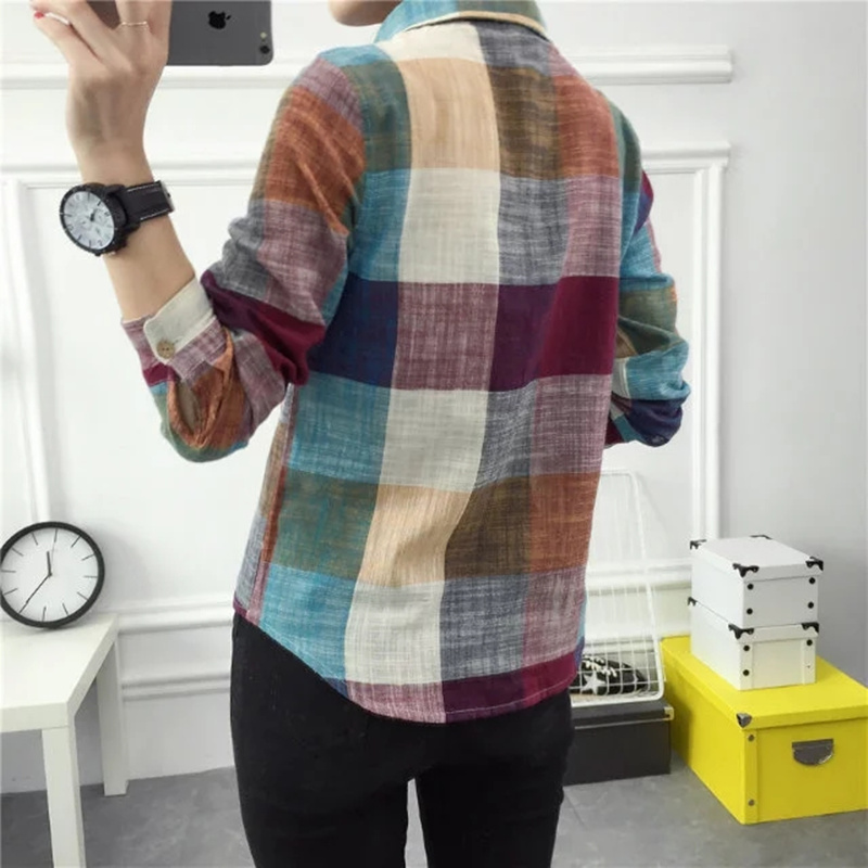 Qiqi mùa xuân và mùa thu mới kẻ sọc lớn cotton và vải lanh tay dài tay nữ tươi lỏng áo sơ mi hoang dã màu đáy áo áo sơ mi nữ dài tay công sở