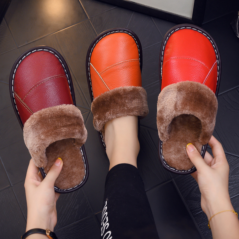 Solid Color Cowhide Plush Slippers for Home, Warm Maternity Shoes, Non-Slip, Wear-Resistant, Odor-Resistant, Genuine Leather Closed-Toe Slippers, New Style