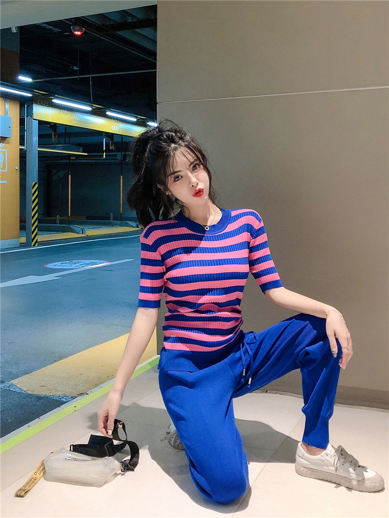 VK旗艦店 韓系休閒條紋抽繩針織套裝短袖褲裝