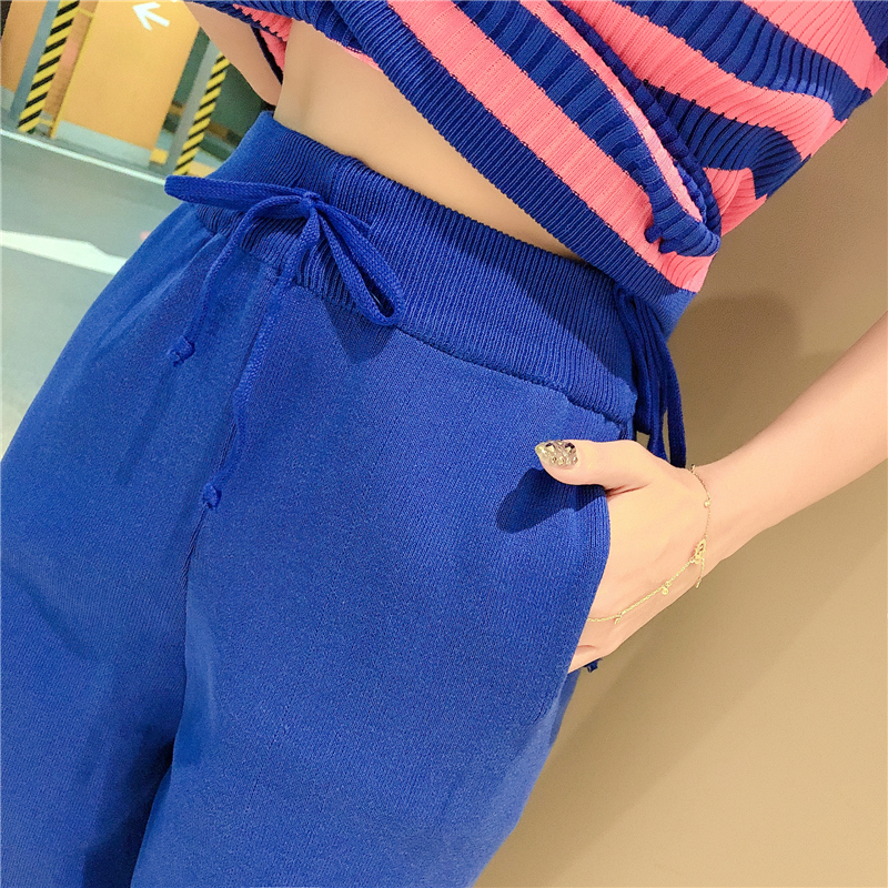 VK旗艦店 韓系休閒條紋抽繩針織套裝短袖褲裝