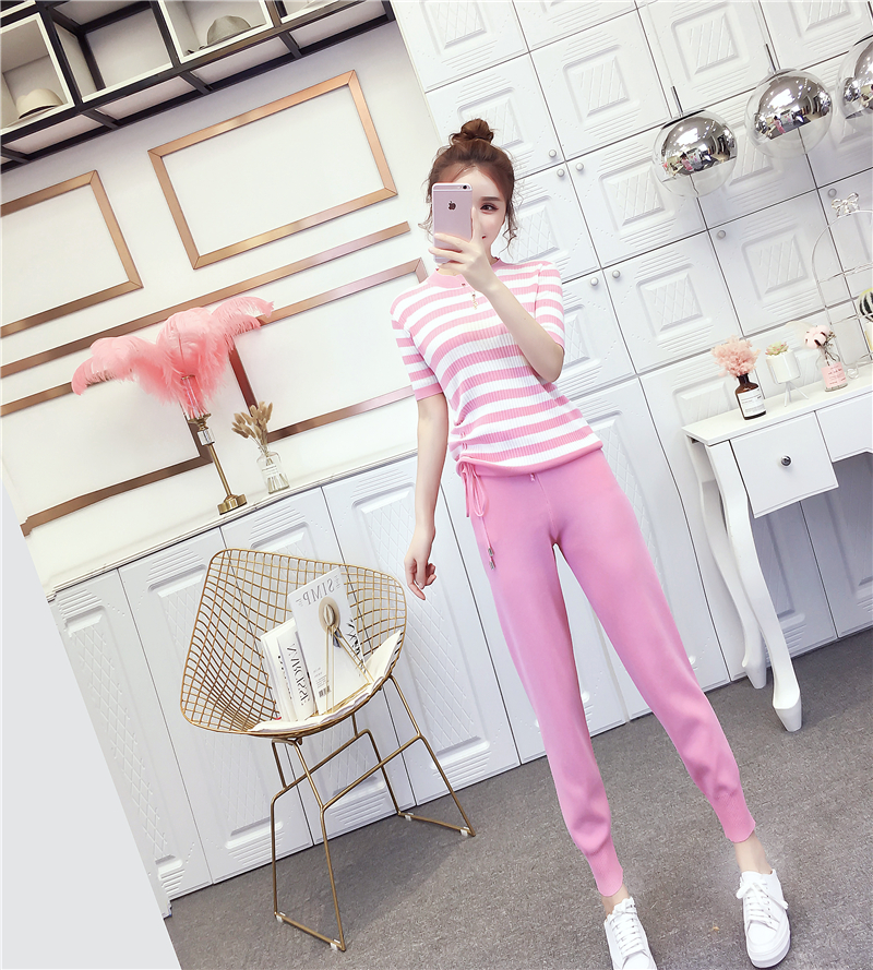 VK旗艦店 韓系休閒條紋抽繩針織套裝短袖褲裝