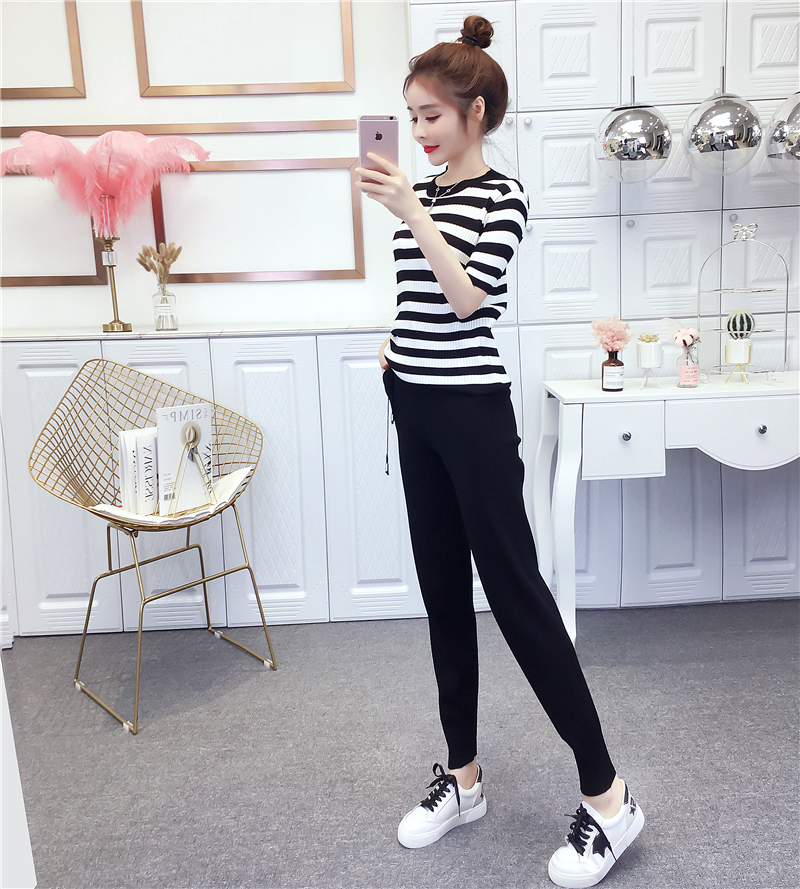 VK旗艦店 韓系休閒條紋抽繩針織套裝短袖褲裝