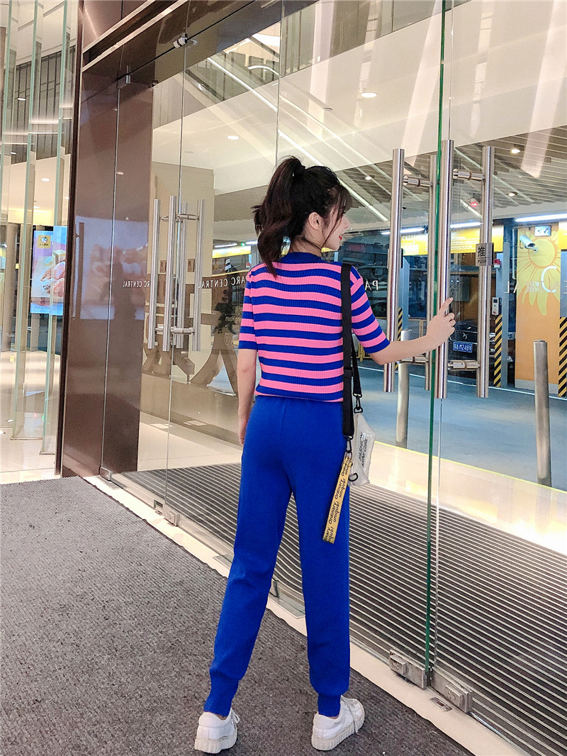 VK旗艦店 韓系休閒條紋抽繩針織套裝短袖褲裝