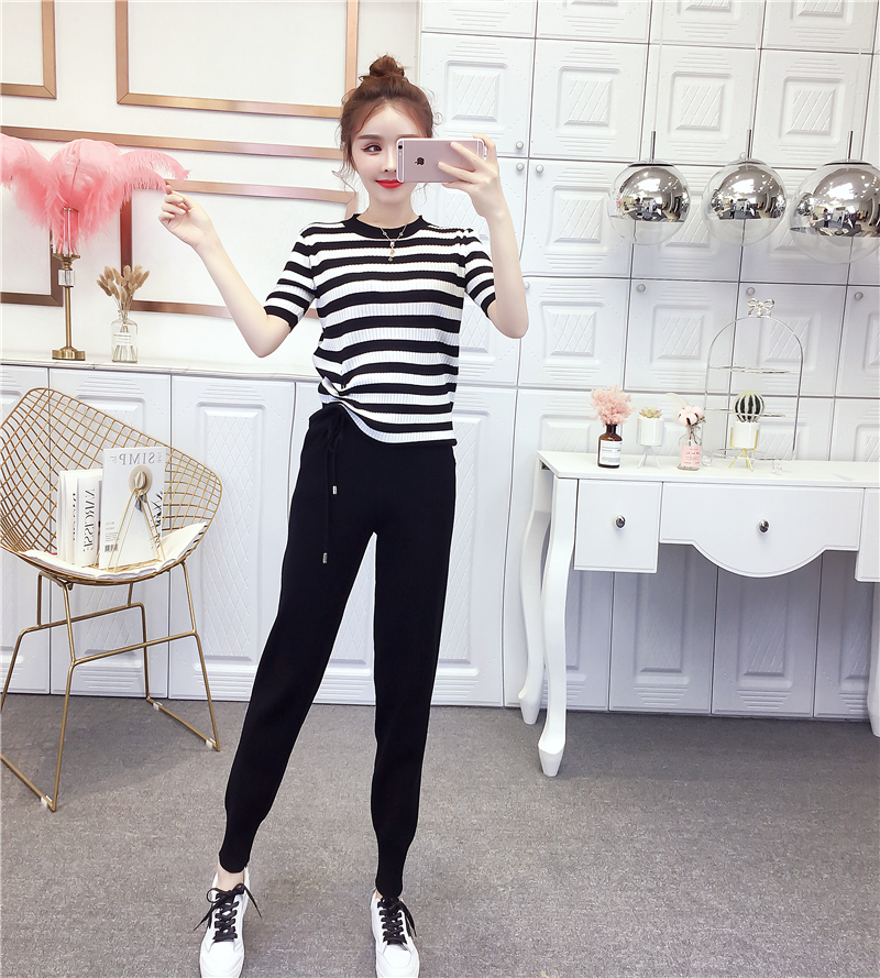 VK旗艦店 韓系休閒條紋抽繩針織套裝短袖褲裝