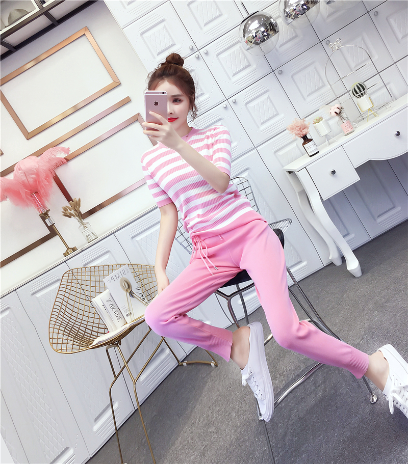 VK旗艦店 韓系休閒條紋抽繩針織套裝短袖褲裝