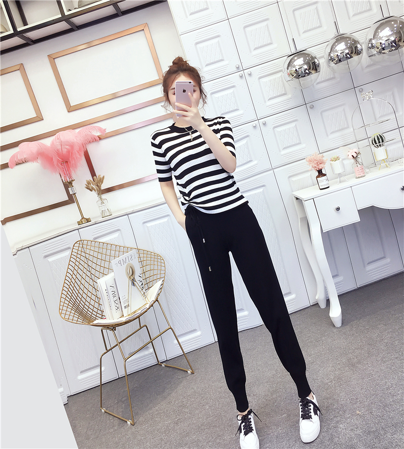 VK旗艦店 韓系休閒條紋抽繩針織套裝短袖褲裝