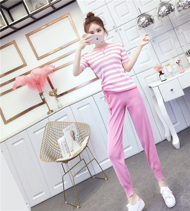 VK旗艦店 韓系休閒條紋抽繩針織套裝短袖褲裝