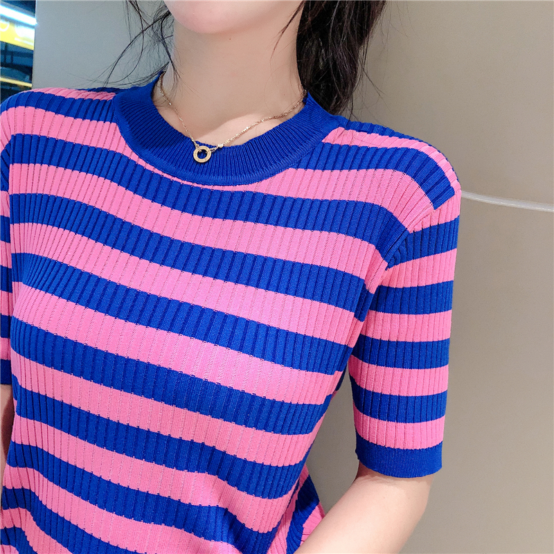 VK旗艦店 韓系休閒條紋抽繩針織套裝短袖褲裝