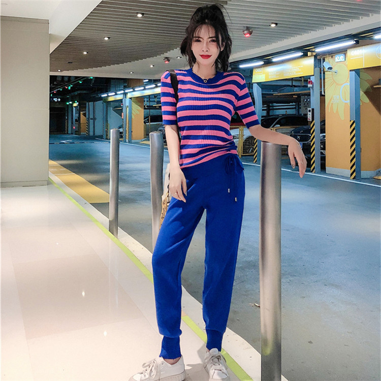 VK旗艦店 韓系休閒條紋抽繩針織套裝短袖褲裝