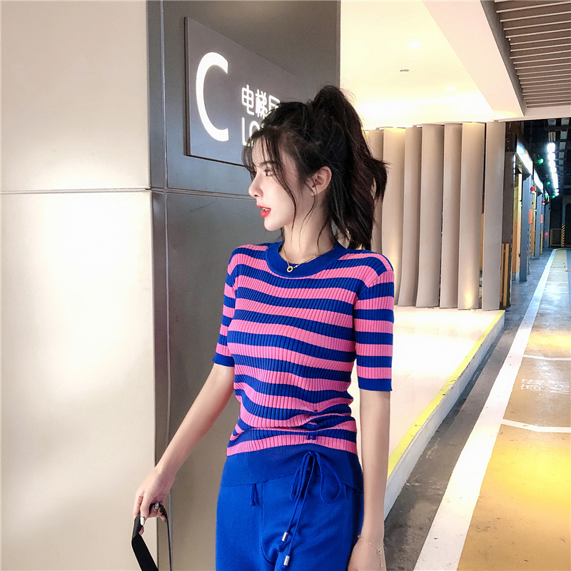 VK旗艦店 韓系休閒條紋抽繩針織套裝短袖褲裝