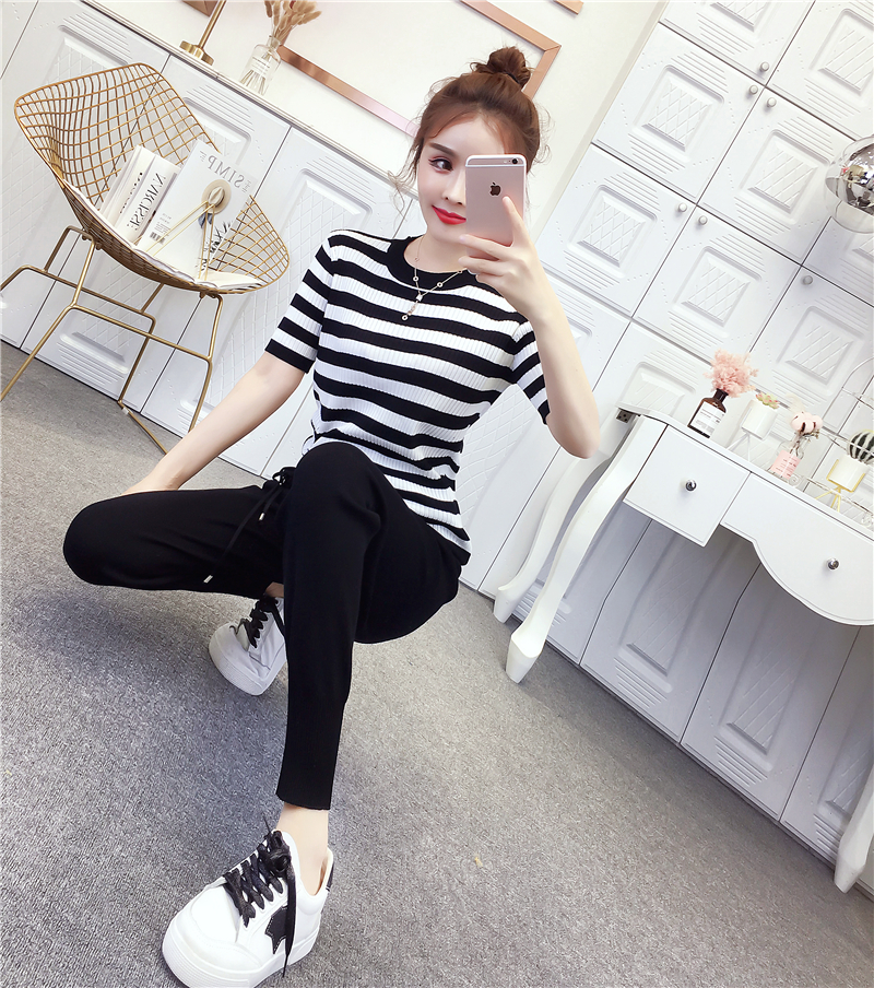 VK旗艦店 韓系休閒條紋抽繩針織套裝短袖褲裝