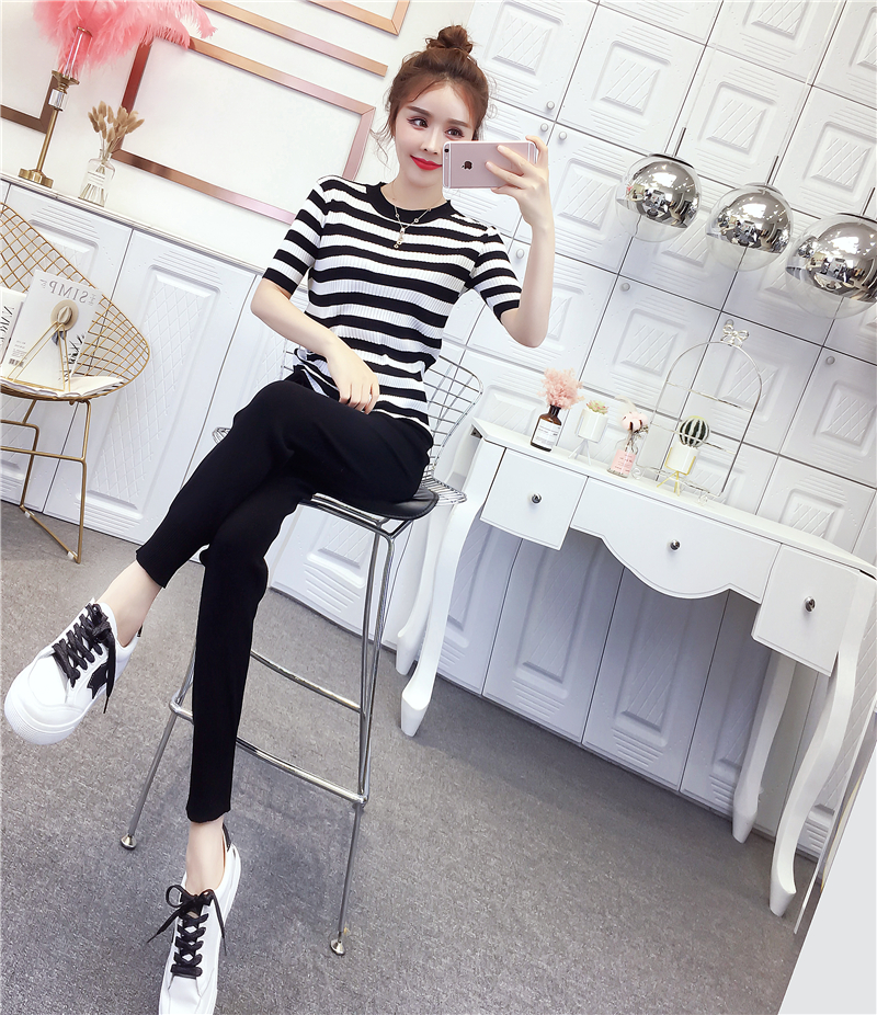 VK旗艦店 韓系休閒條紋抽繩針織套裝短袖褲裝